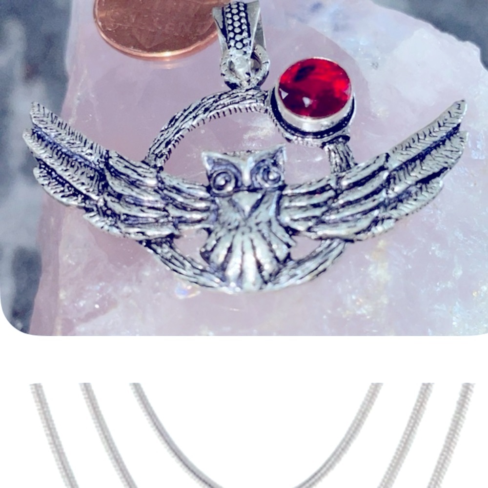 NWOT necklace Garnet Owl Red 925 Sterling sp. pendant 18” .925 Sterling sp chain